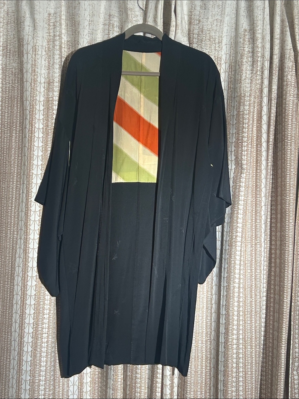 Vintage Black Kimono Coat with Orange and Green Inner Panel